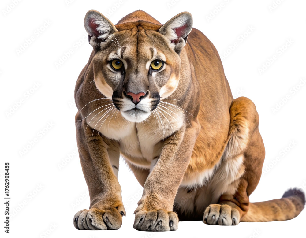 Obraz premium Cougar in a Stealthy Hunting Pose, isolated on a transparent background” 