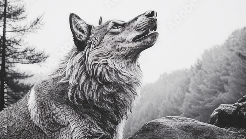 A detailed wooden wolf howling at the moon, placed on a rock under bluish moonlight. Background forest in mist. Camera low and dramatic angle. Lighting cool blue with silver highlights accentuating th