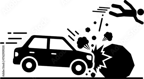 Car Collision Accident Icon with Driver Ejected Hitting a Rock or Boulder