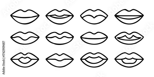 Icons of female lips. Collection of sixteen modern linear icons isolated on a white background. Vector illustration
