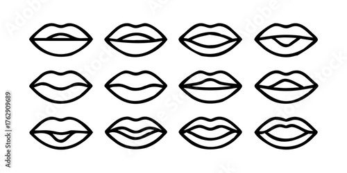 Icons of female lips. Collection of sixteen modern linear icons isolated on a white background. Vector illustration
