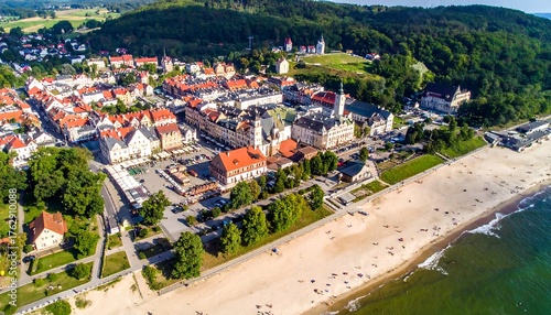 Fototapeta Naklejka Na Ścianę i Meble -  Panoramic view of a European coastal town with a sandy beach