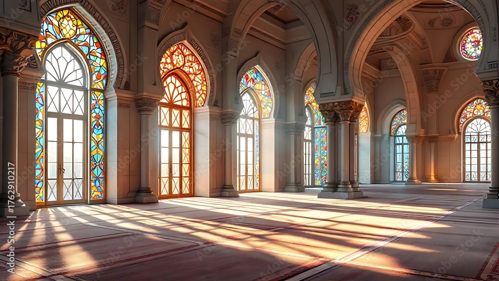 Obraz premium Beautiful mosque interior with colorful stained glass windows, sunlight casting vibrant patterns on the carpet floor, and intricate Islamic architectural design