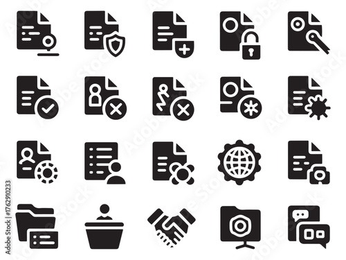 Comprehensive glyph icon set for document management security and administration tasks