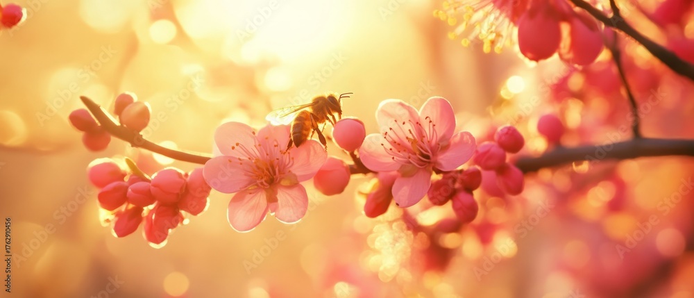 Fototapeta premium Honeybee on Pink Plum Blossoms in Spring Sunshine