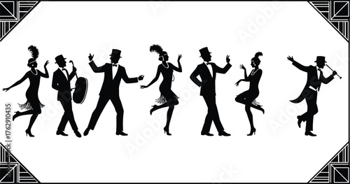 Black silhouettes of 1920s flapper dancers and musicians in a line art deco