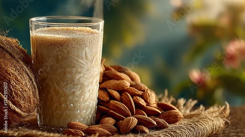 Almond Milk in Glass with Nuts on Rustic Background