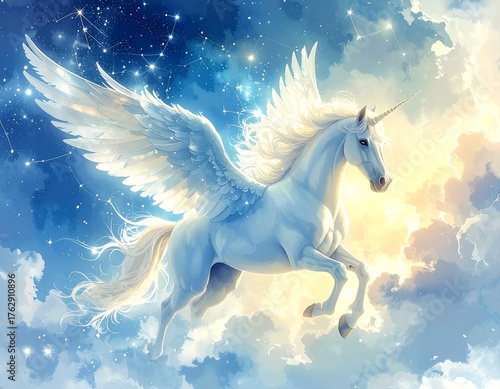 夜空に羽ばたく幻想のペガサス｜Flying Pegasus in the Starry Night Fantasy Sky