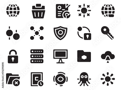 Digital icon set for technology and data management services featuring global connectivity and security