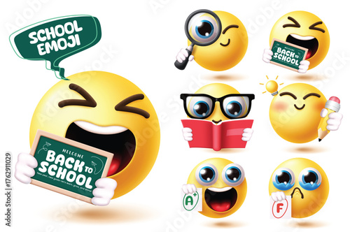 Emoji school emoticon clipart set. Back to school yellow emojis clip art in cute, happy, nerd, clever, funny and sob facial expression school emoji symbol collection vector illustration.
