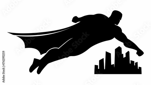 Silhouette of a superhero flying over a cityscape with cape billowing in the wind in black and white style