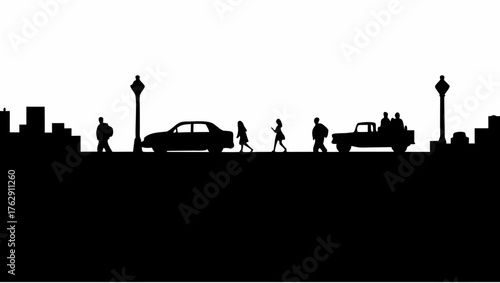 Silhouette of city street with people walking cars and trucks and lamp posts against a white background
