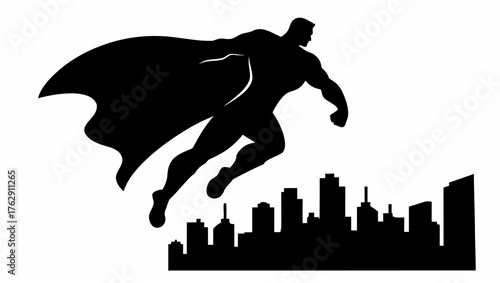 Silhouette of a superhero flying over a city skyline at night with a cape billowing behind him in black and white