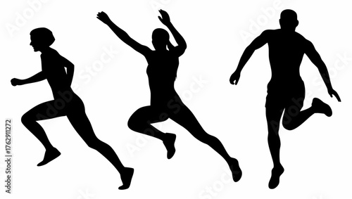 Three silhouetted figures in dynamic running poses against a white background showcasing athleticism and motion
