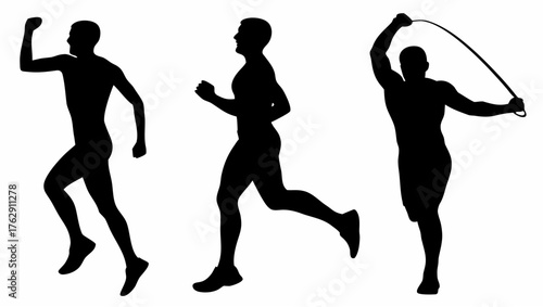 Three silhouette figures engaged in different physical activities such as running and jumping rope workout