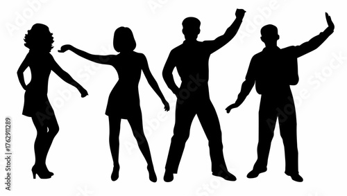Silhouette of four people in various poses including raised arms and gesturing in a black and white image