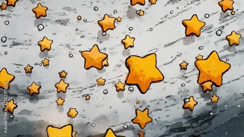 Bright orange stars scattered against a gray backdrop