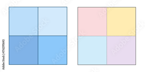 直線と点線のポジショニングマップのテンプレートセット（ブルー・カラフル）ベクターイラスト　マトリクス表　四象限図