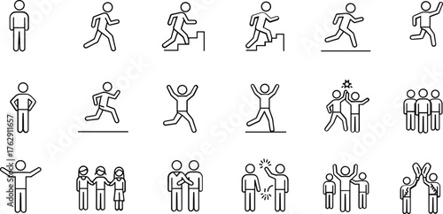 Collection of black and white stick figure icons depicting people running walking and interacting vector