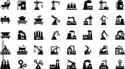 Collection of black industrial factory and machinery icons vector
