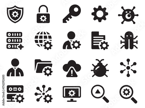 Collection of 20 glyph style icons for security technology and data management tools
