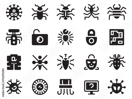 Collection of 20 glyph style icons representing viruses malware bugs and cybersecurity concepts