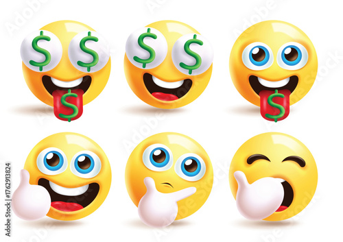 Emoji money dollar icon clipart set. Yellow emoji money eyes character clip art with like hand, thumbs up, thinking and sleepy facial expression collection vector illustration.  
