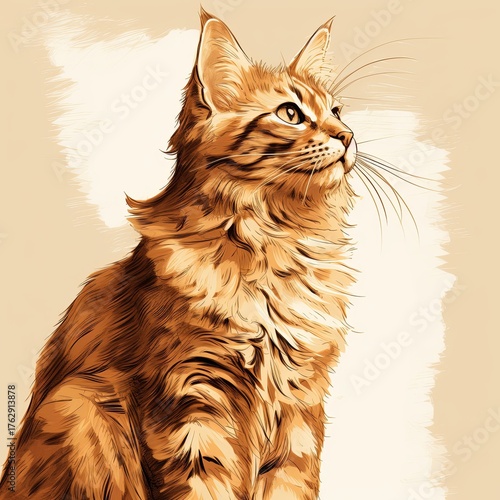 A stunning portrait of a long-haired cat with a luxurious orange coat and captivating amber eyes, gazing upwards with poise against a soft cream background, ideal for creative use.
