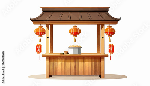 Illustration of a wooden Asian-style stall with a brown roof and hanging red lanterns, featuring a container and bowl on the counter.