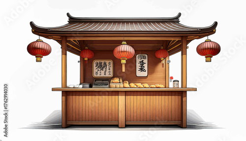 A wooden Asian-style kiosk with a tiled roof, decorated with red lanterns and displaying food items behind a counter.
