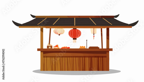 Illustration of a wooden Asian-style kiosk with a black roof, decorated with red and white lanterns.