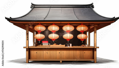 A traditional wooden Asian street food stall with a pagoda roof and glowing paper lanterns, isolated on a white background.