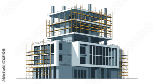 Construction site shows an incomplete building with scaffolding around it
