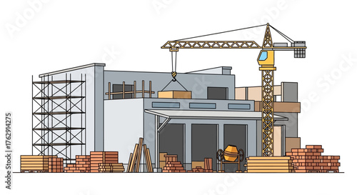 Construction site with a building crane scaffolding and building materials