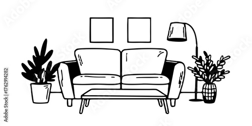Illustration of sofa plants lamp pictures home decor interior design furniture living room modern style drawing