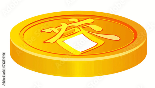 A golden coin with Chinese characters, representing prosperity and good fortune.