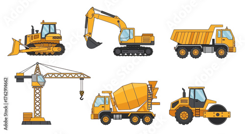 Six yellow construction vehicles are arranged on a white background