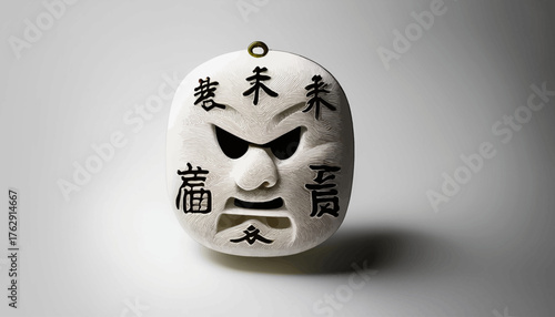 A white, oval-shaped Japanese mask with a fierce expression, featuring black calligraphy characters and a small hanging loop.