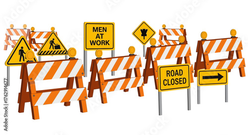 The image shows a collection of road construction barriers and warning signs