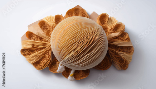 Artistic paper sculpture featuring a central spherical shape with surrounding layered, fan-like elements on a white surface.