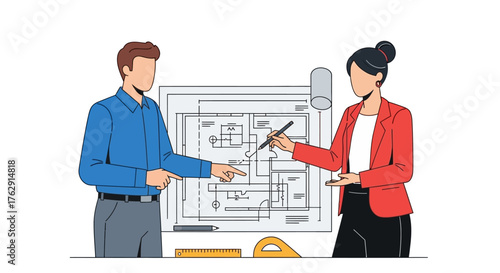 Two individuals reviewing architectural plans laid out on a table