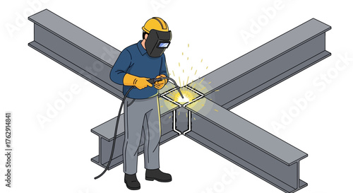 Welder in protective gear welds metal Ibeams at a crosssection sparks flying