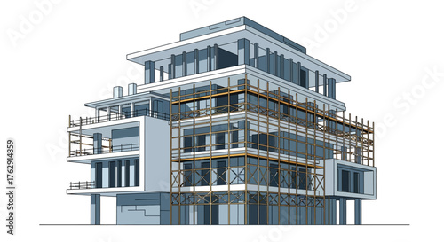 Unfinished building with scaffolding surrounding exterior