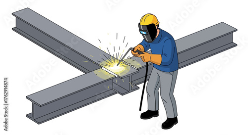 Welder in safety gear joins beams sparks fly amid steel structure in an industrial setting