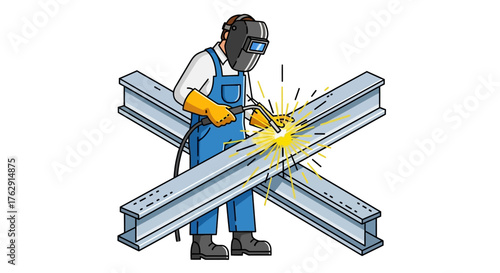 Welder welds two metal beams with sparks