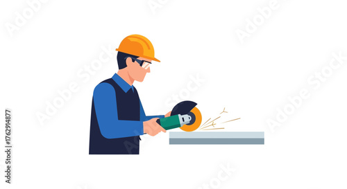 Worker cutting metal with angle grinder sparks flying