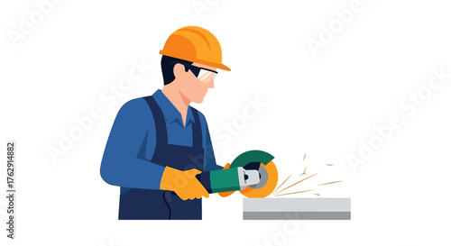 Worker grinds metal wearing hard hat  goggles holding tool sparks fly