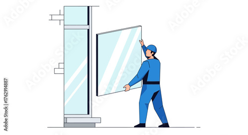 Worker installing glass pane in building