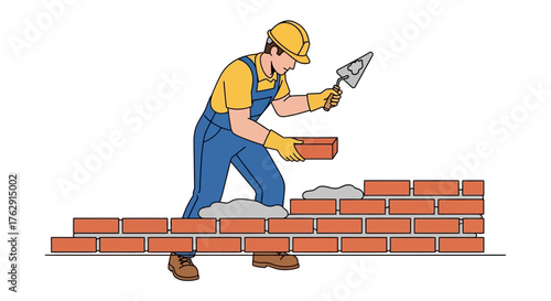 A cartoon bricklayer in work clothes builds a brick wall with a trowel