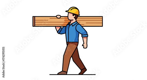 A cartoon construction worker in a yellow hardhat carries a wooden plank on his shoulder